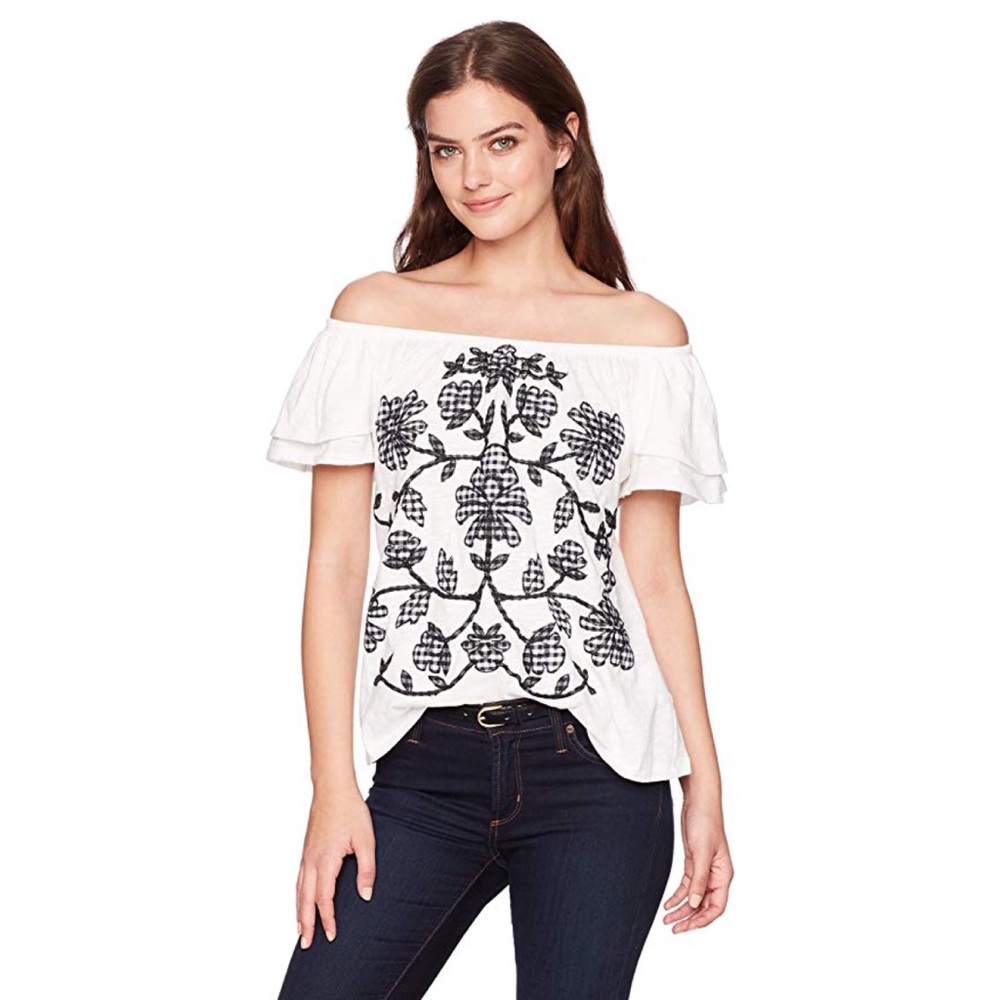 Democracy Women's Short Ruffle Sleeve Top w/ Embroidery